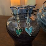 Abalone paua shell heart necklace and earring set, iridescent silver tone jewelry