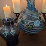 Abalone paua shell heart necklace and earring set, iridescent silver tone jewelry