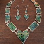 Abalone paua shell heart necklace and earring set, iridescent silver tone jewelry