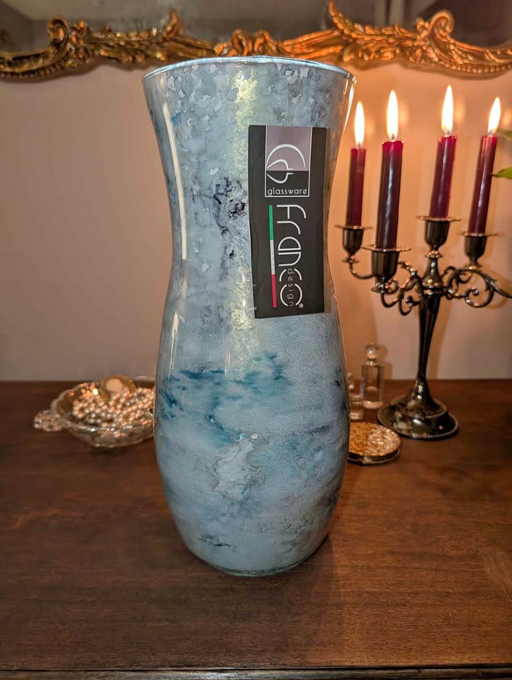 Franco Design Italian art glass vase, hand-painted watercolor blue aqua