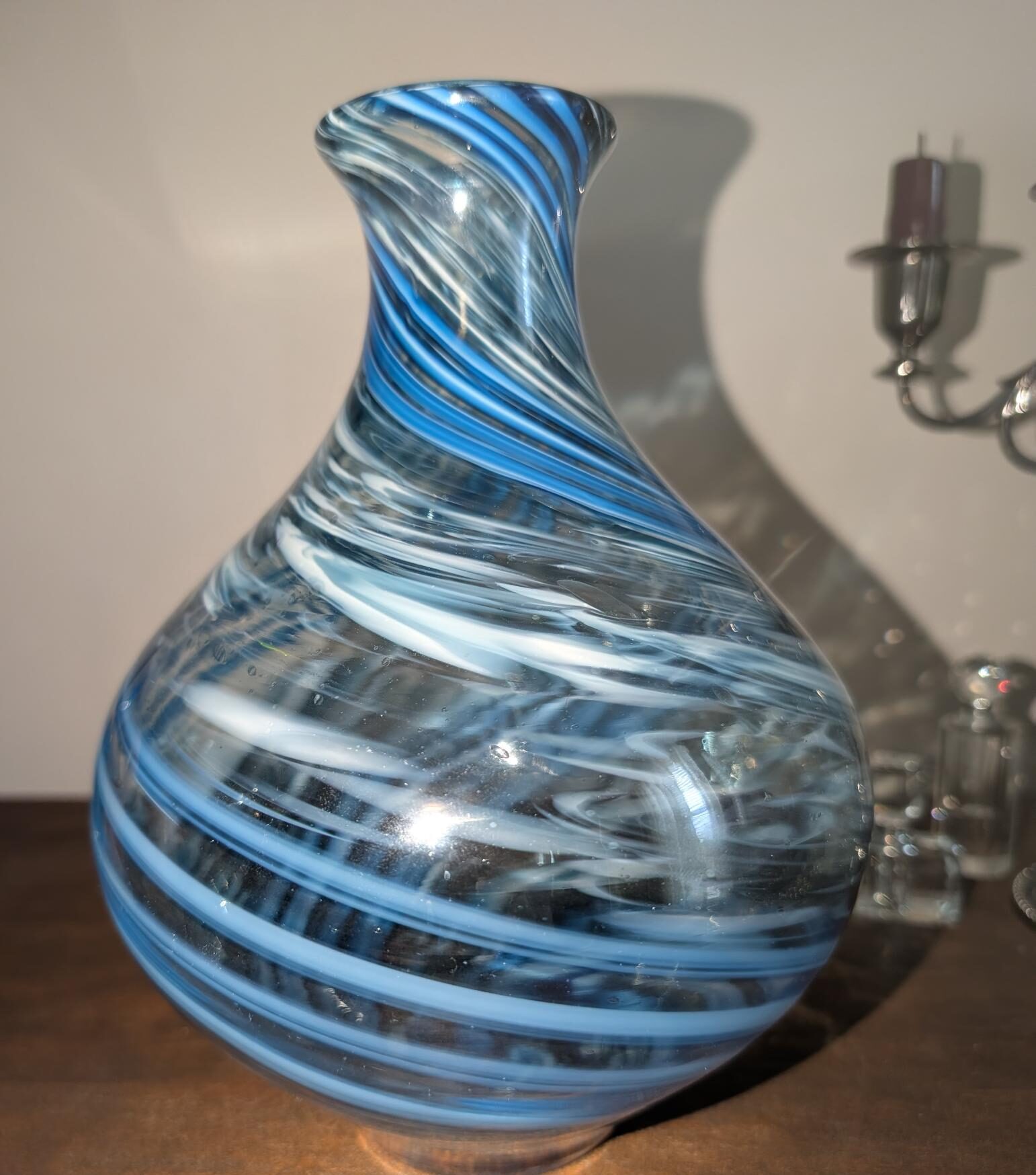 Hand-blown swirl art glass vase, ocean blue and teal artisan glass