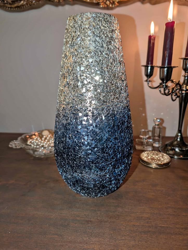 Sagebrook Home crackled mirror mosaic vase, silver-to-blue ombre, handcrafted in India