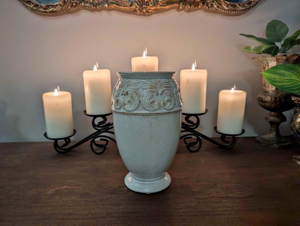Vintage celadon crackle ginger jar vase with raised scroll detail