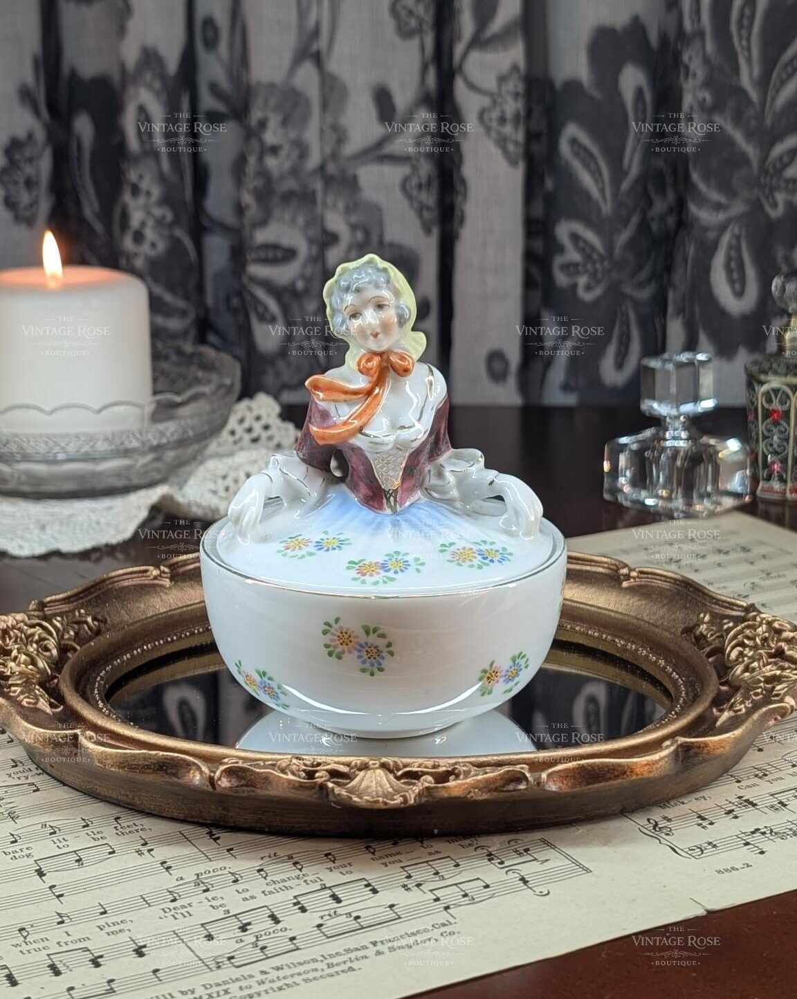 Occupied Japan Figural Porcelain Powder Box — Rococo Lady, Hand-Painted, 1945–1952