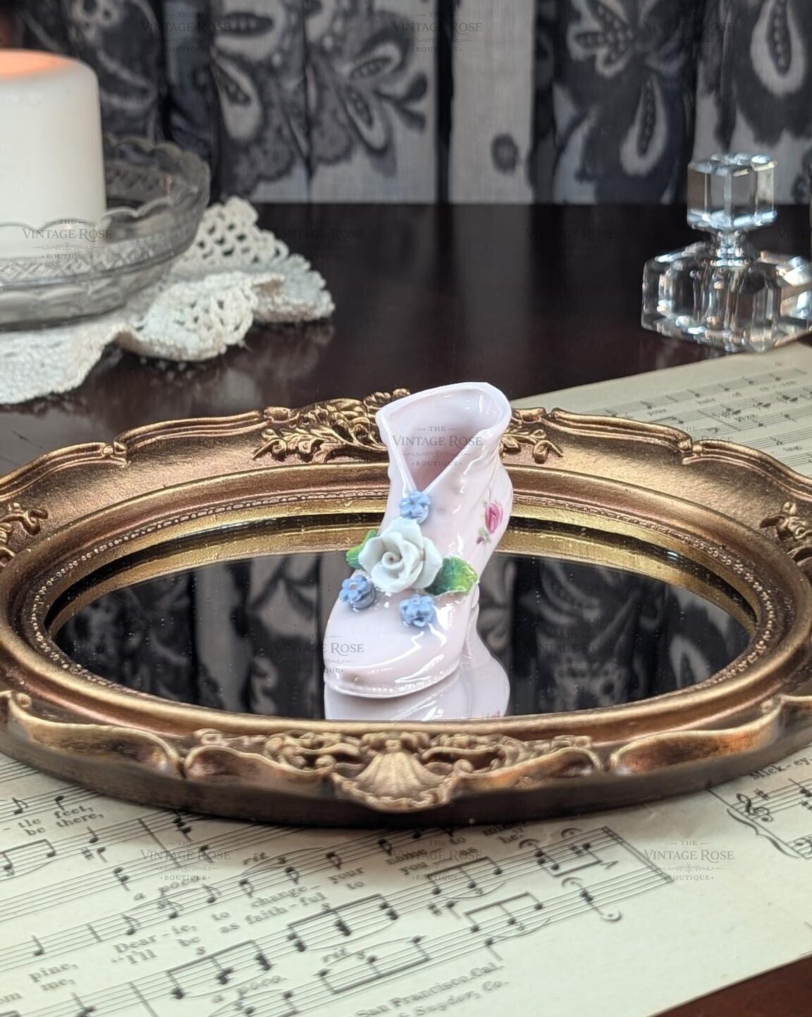 Vintage Pink Porcelain Victorian Boot Figurine -- Applied Roses & Forget-Me-Nots, Made in Japan