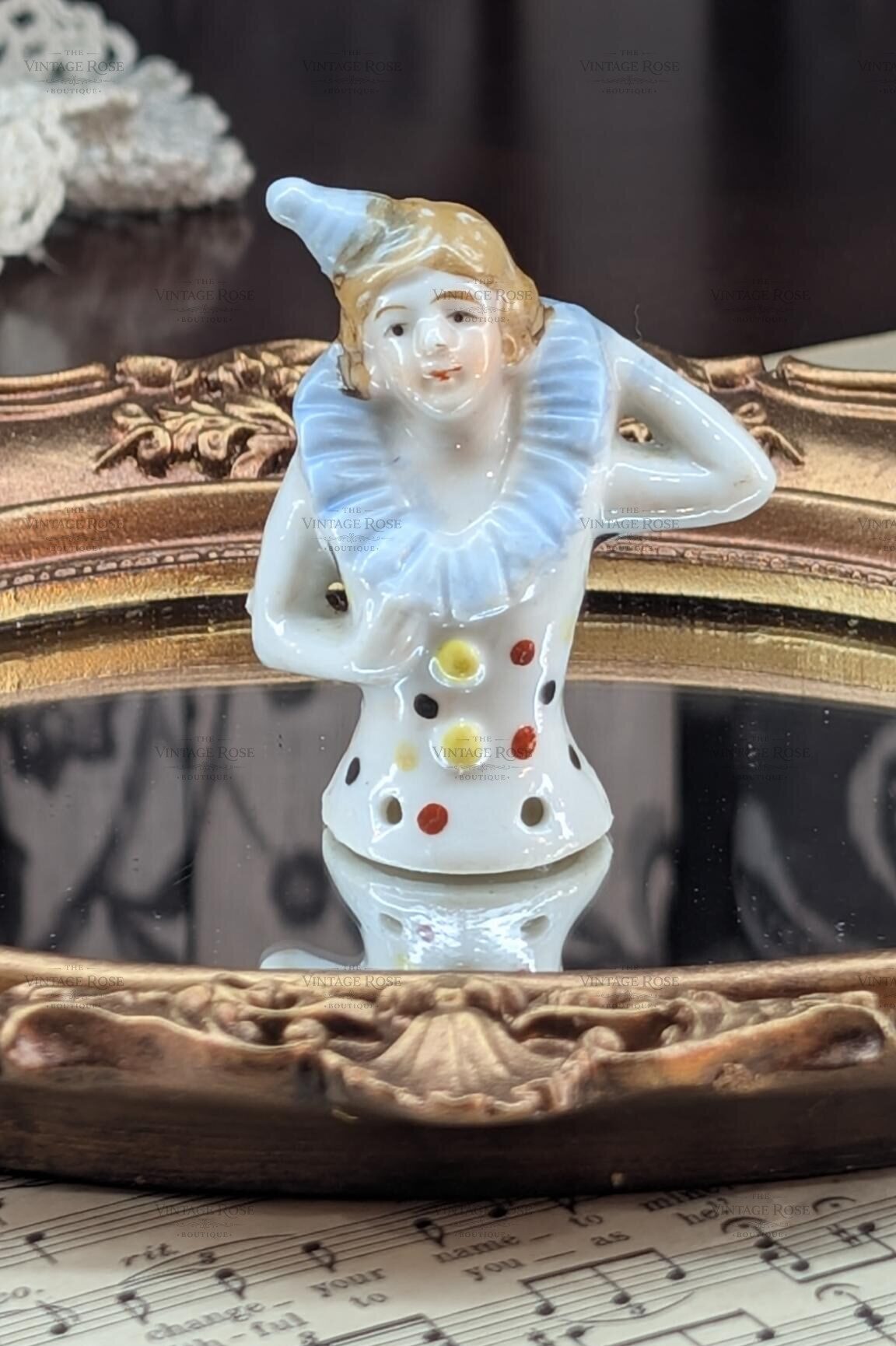 Vintage Porcelain Pierrette Half-Doll — Art Deco Clown Lady Pincushion Figurine with Polka Dots