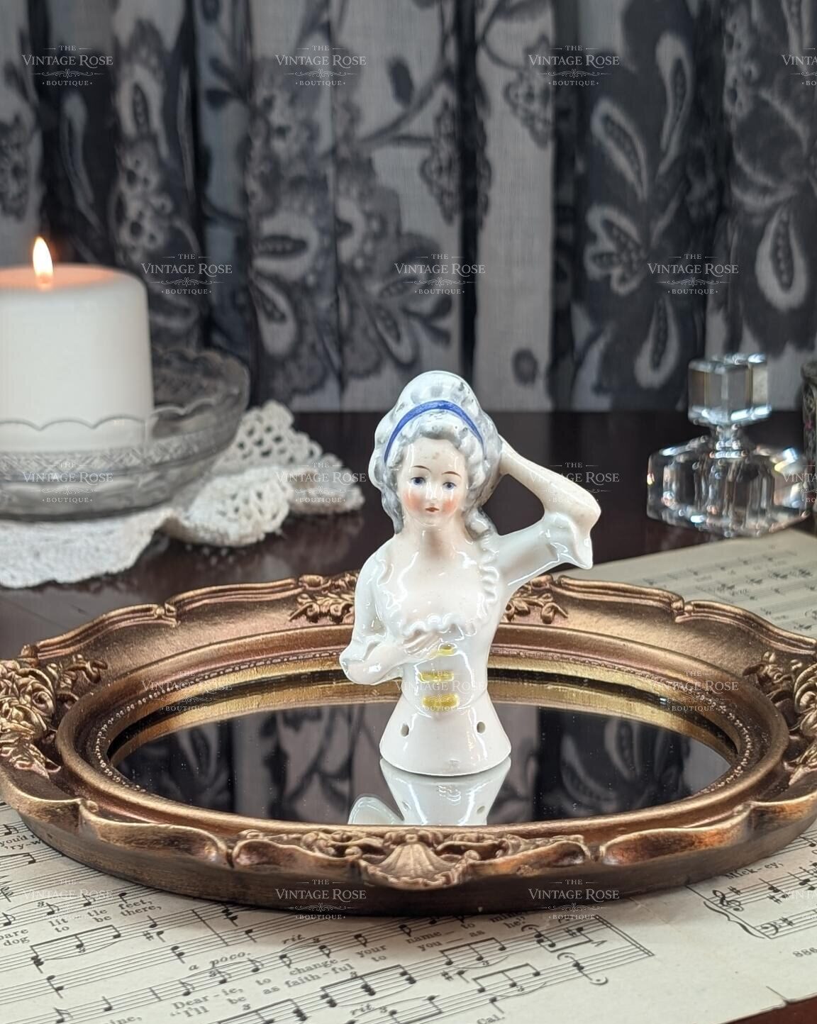Vintage German Porcelain Half-Doll — Marie Antoinette Rococo Court Lady, Arms Away, Hertwig Mold 4344