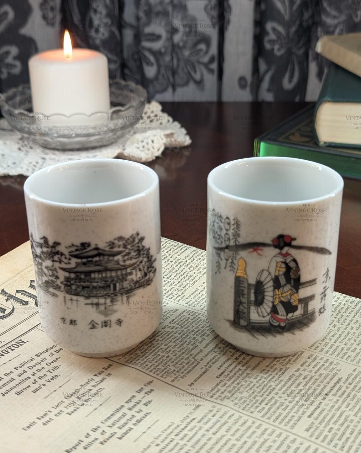 Mino Ware Kyoto Scenic Yunomi Tea Cups -- Kinkaku-ji & Maiko Porcelain Pair