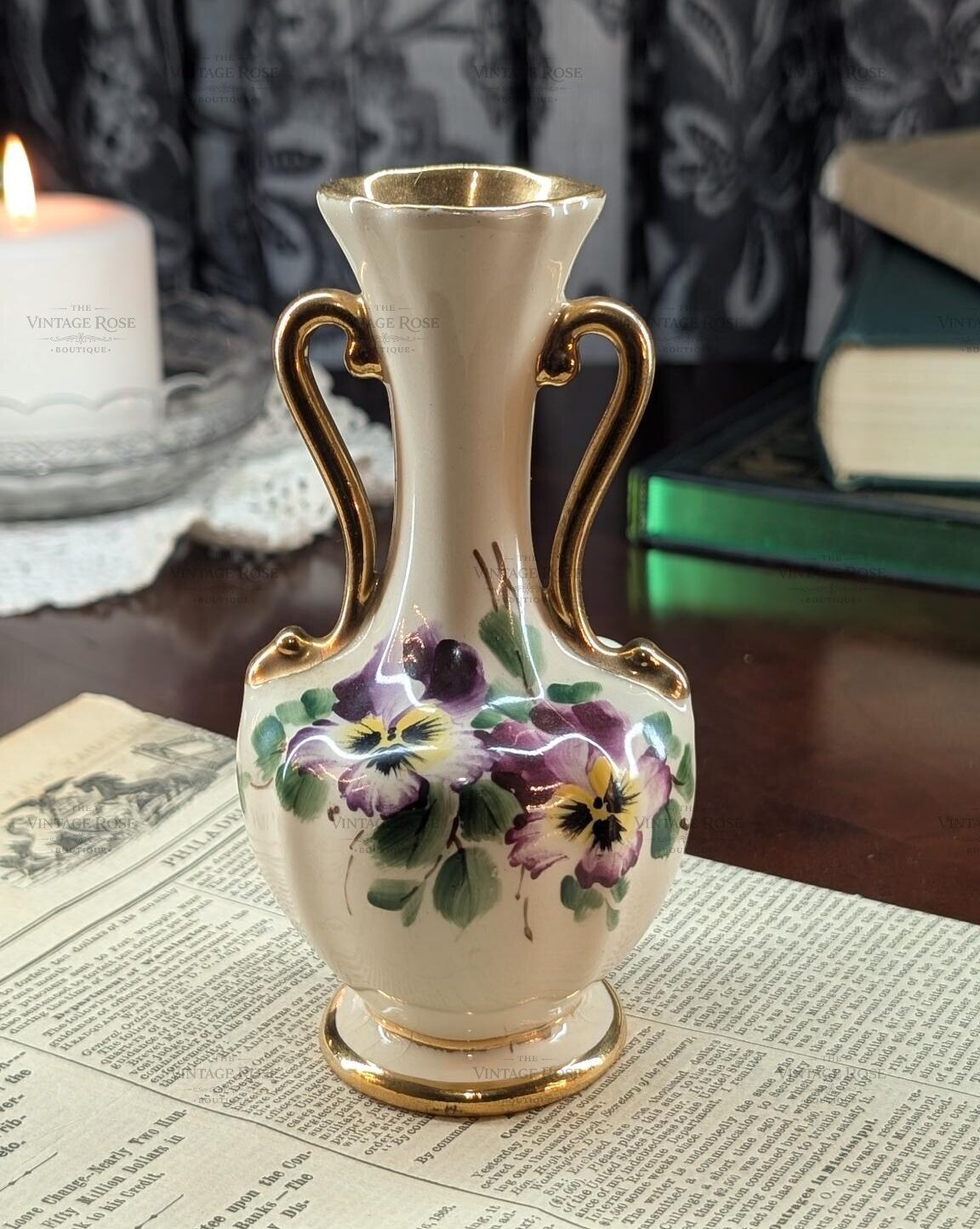 Vintage Hand-Painted Pansy Ceramic Bud Vase with Gilt Scroll Handles