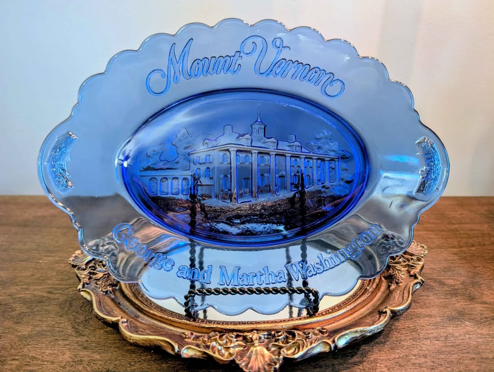 Vintage Avon Mount Vernon cobalt blue glass plate, Fostoria Americana collector's dish