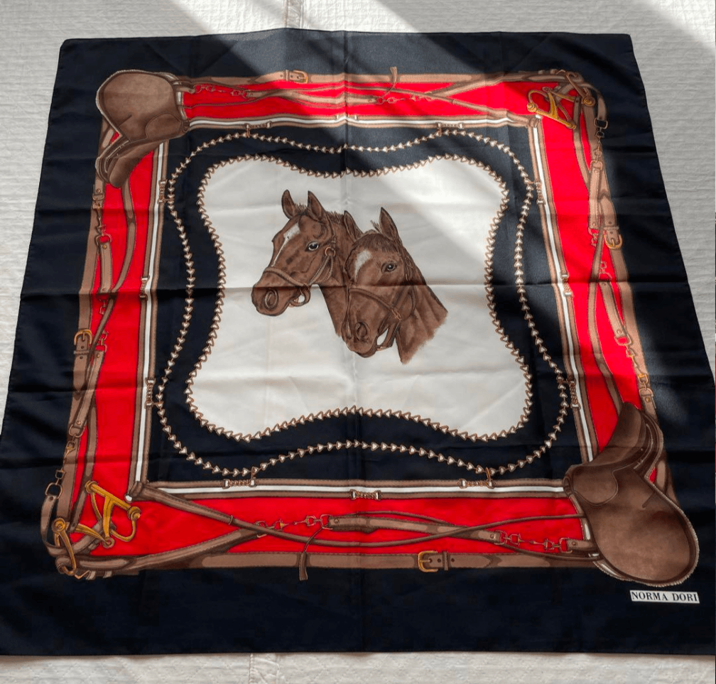 Vintage Norma Dori equestrian scarf, horse portrait with riding tack
