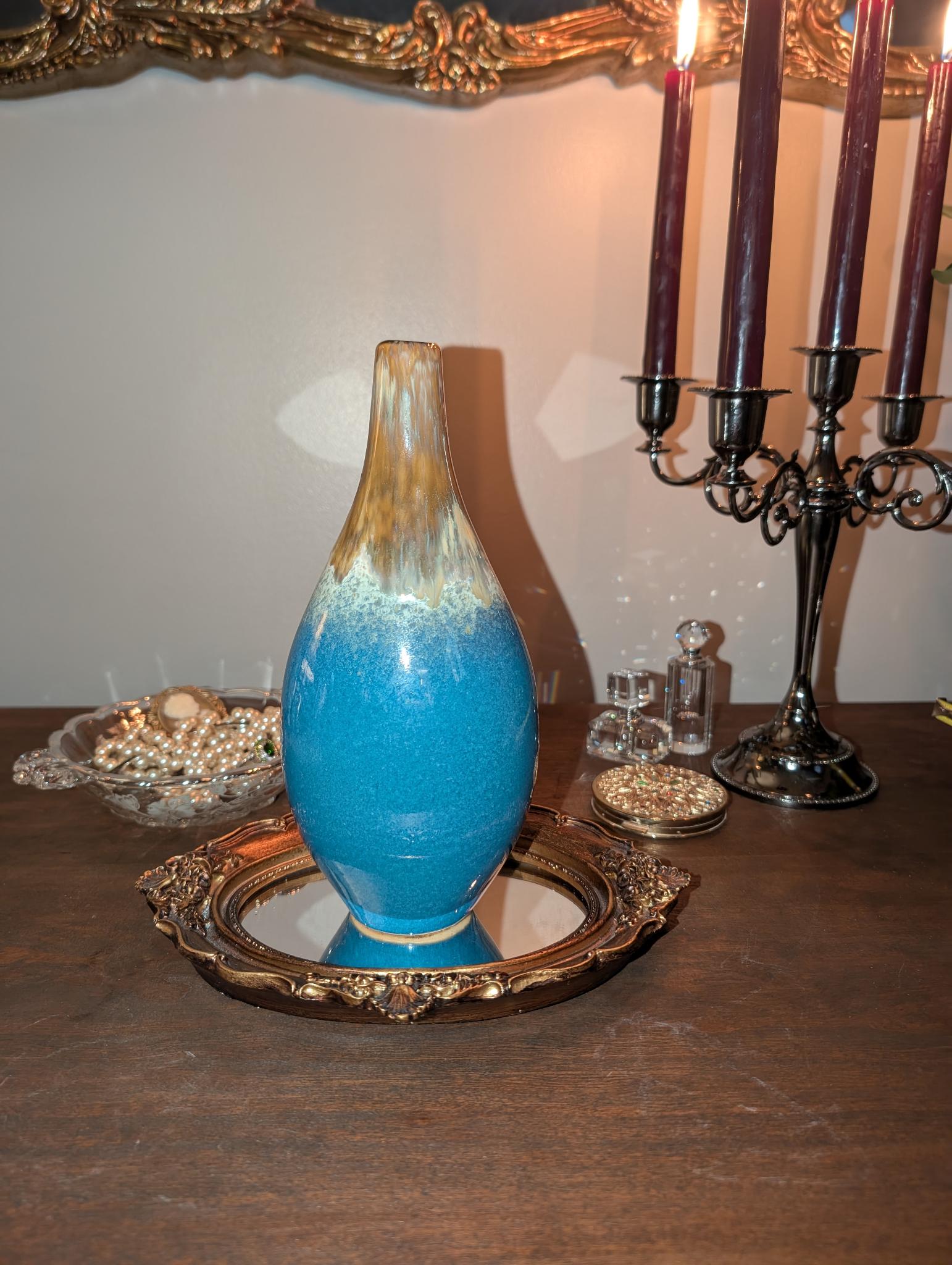 Vintage turquoise studio pottery bud vase with cream drip glaze